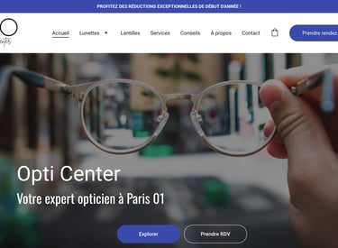 Page de présentation d'Opti Center, une boutique d'optique, des lunettes dans une main