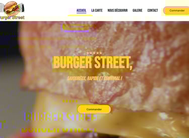 La page d'accueil du site web de Burger Street présente un burger avec un bouton "commander"