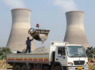 A fleet of containerized trucks lined up at a busy industrial loading dock.