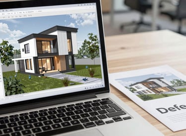 Modern architectural workspace with blueprints and a laptop on a wooden desk.