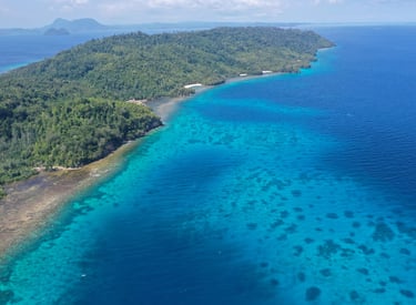 Aerial view of Malenge island surrounded by clear turquoise water and coral reefs.