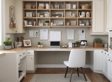 A bright, tidy family command center featuring calendars, checklists, and storage bins.