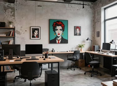 A creative workspace with designers collaborating on eLearning content and branding ideas.