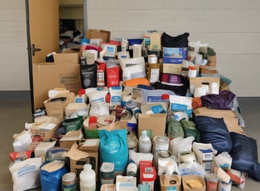 Close-up of hands exchanging a donation box filled with essential supplies at a shelter.