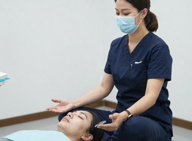 A smiling woman gently massaging her cheeks during a face yoga session.