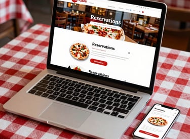 A sleek modern restaurant website displayed on a smartphone and laptop.