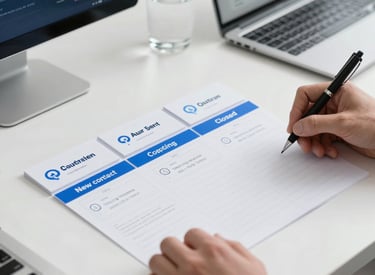 A sleek digital form interface on a modern laptop screen with blue and white design accents.