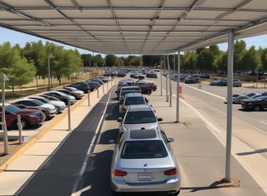 A school parking area featuring solar canopies with driver notifications and energy-efficient lighting at dusk.