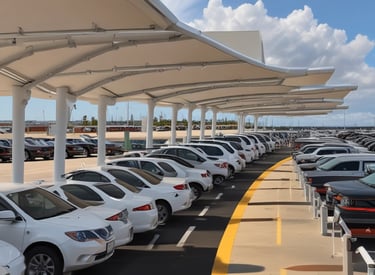 Cruise port parking shaded by solar canopies equipped with EV charging stations and digital displays.