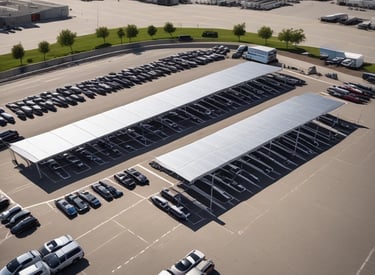 Big-box store parking with solar canopies providing lighting, wifi, and smart parking features.