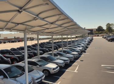 A bustling mall parking lot shaded by sleek solar canopies with integrated EV chargers and digital signage.