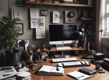 A cozy workspace with soft masculine tones, scattered papers, a laptop, and a warm cup of coffee reflecting the Messy Zen vibe.