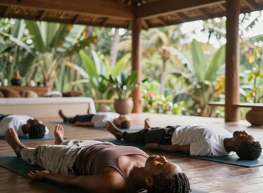 People gathered around a long table with food and flowers.