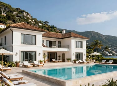 People gathered around a long table with food and flowers.
