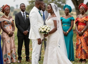 People gathered around a long table with food and flowers.