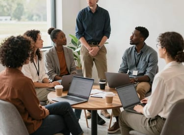 People gathered around a long table with food and flowers.