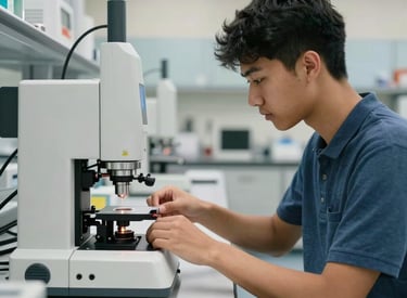 A focused North American student working in a high-tech vocational laboratory with modern precision equipment. The background is a clean, professional university setting with steel blue and off-white tones.