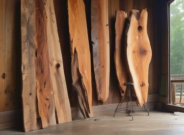 Warm studio shot of various finished wooden artworks displayed on rustic shelves.
