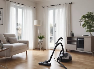 Modern cleaning professional using eco-friendly equipment in a bright lakeside apartment