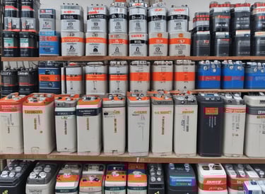 A neatly arranged display of batteries, tyres, and home appliances ready for franchise stock.