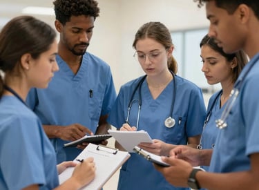 Medical students in blue scrubs reviewing drug calculations notes and nursing textbooks.
