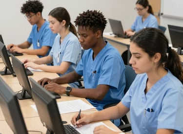A student confidently taking notes during an online NCLEX prep session.