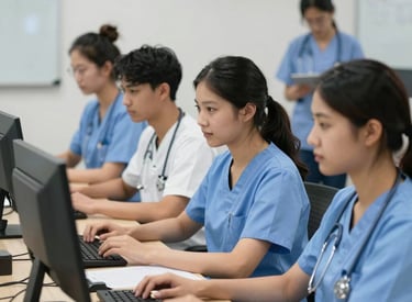 Focused nursing student confidently using a laptop for NCLEX prep at a cozy study space.