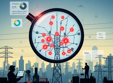 Высоковольтная линия электропередач, внизу силуэт человека с планшетом. В центре лупа поиска потерь.