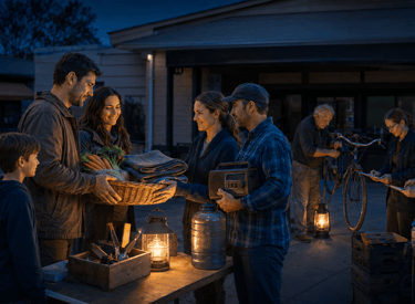 Neighbors exchange a basket of vegetables and emergency supplies by lantern light at night.