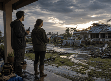 assessing storm damage to a residential neighborhood after a hurricane.