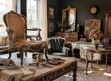 Vintage upholstery workshop with antique French chairs, carving tools, and ornate wooden furniture.