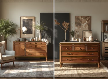 Elegant wooden sideboard and dresser in a sunlit living room with neutral decor and indoor plants.