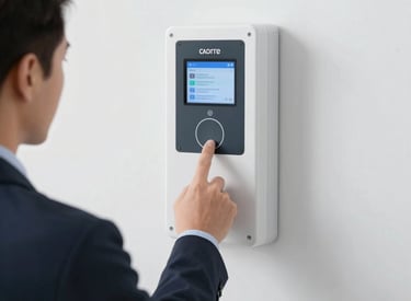A sleek smart home automation panel with illuminated touch controls on a kitchen wall.