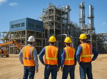 Engineers and Account Executives survey a manufacturing project.