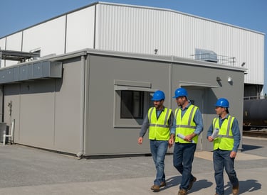 TPP employees and a Blast-Proof building in front of another PEMB building completed.