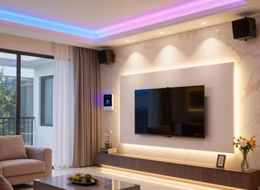 A professional electrician carefully installing smart home wiring in a modern living room.