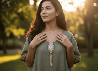 Mujer luciendo un collar de macramé hecho a mano con un dije de piedra preciosa azul al atardecer