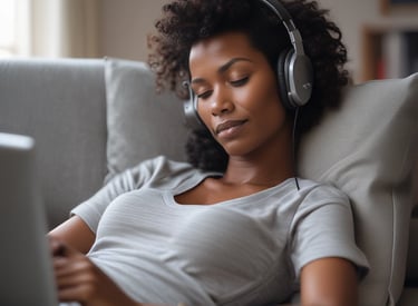 A calm, serene person sitting peacefully with eyes closed, surrounded by soft blue and purple hues.