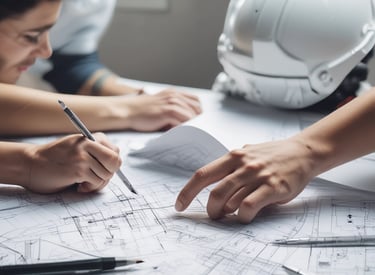 Green building materials and recycling bins at an eco-friendly construction site.