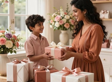 A heartwarming luxury lifestyle photo of a beautiful smiling South Asian / Indian family exchanging premium customized gifts in a gorgeously decorated boutique interior. Soft floral pastel background decorations, warm natural sunlight filtering through a window, elegant handmade bouquets and high-end wrapped gift hampers adorned with satin ribbons resting on a rustic wooden table. Pinterest aesthetic, rich warm tones of terracotta, rose, and ivory, 8k resolution, ultra-realistic product-and-portrait photography.