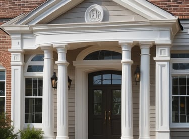 Detailed shot of coated EPS wall mouldings framing windows on a contemporary building.