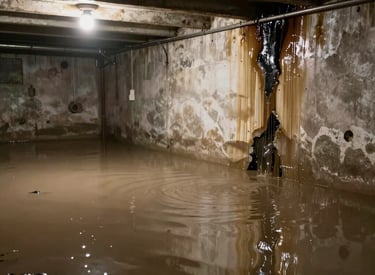 Professional drying equipment set up in a flooded basement to remove moisture.