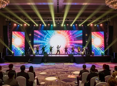 A DJ adjusting a professional sound mixer with vibrant nightclub lighting in the background.