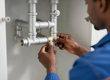 A plumber tightening a pipe under a kitchen sink with tools in hand.