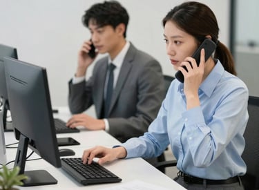 A friendly consultant speaking on the phone, helping a customer understand energy plans.