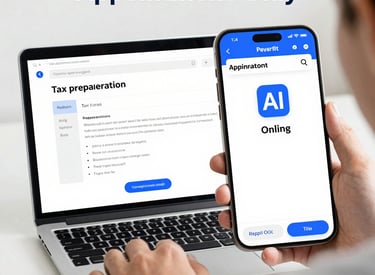 Modern tax preparation website showing service options and contact form.