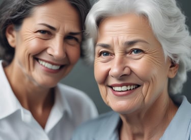 A caregiver warmly assisting an elderly person in a cozy home setting.
