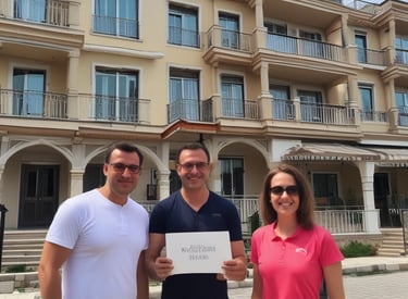 A happy international couple reviewing property listings with a real estate advisor in a modern office.