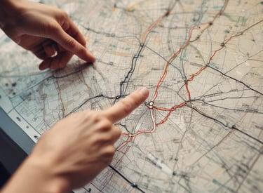 A colorful interactive village map displayed on a modern tablet, highlighting landmarks.