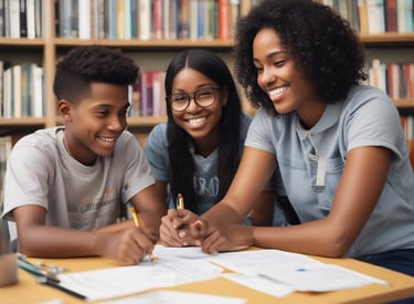 A caring mentor helping a foster youth with homework in a cozy, welcoming setting.